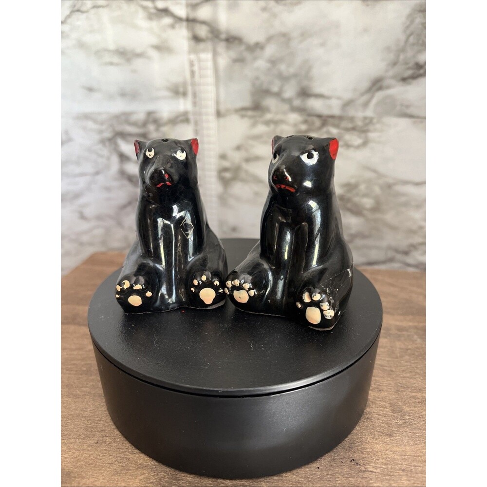 Vintage Black Bear Salt & Pepper Shakers - Ceramic Figurine Set